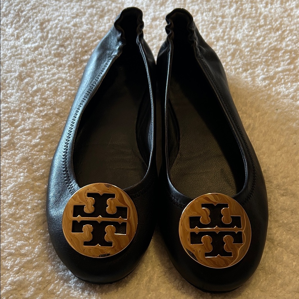 Tory Burch Black Flats with Gold Emblem